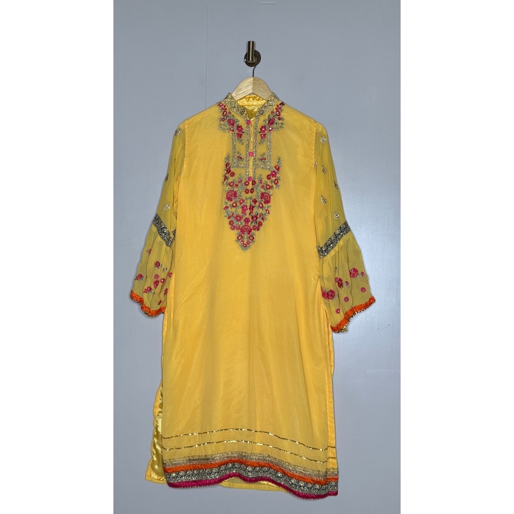 Yellow‎ Embroidered Indian Kurta Tunic Dress Floral Bell Sleeve Side Zip